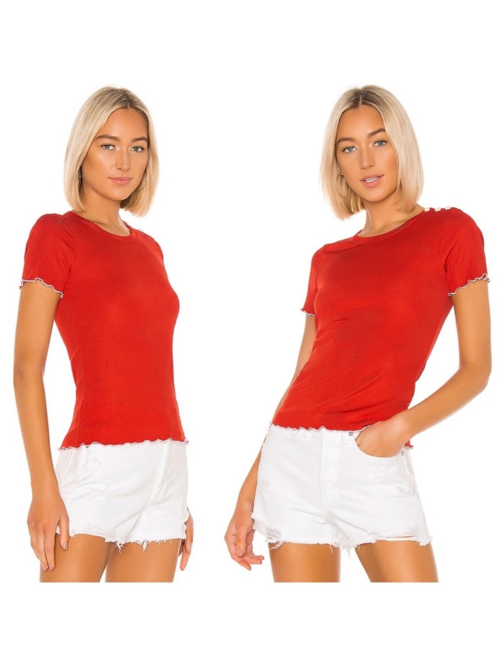 RAG & BONE Sonny Tee Ribbed Tomato Red Button Shoulder Size Small